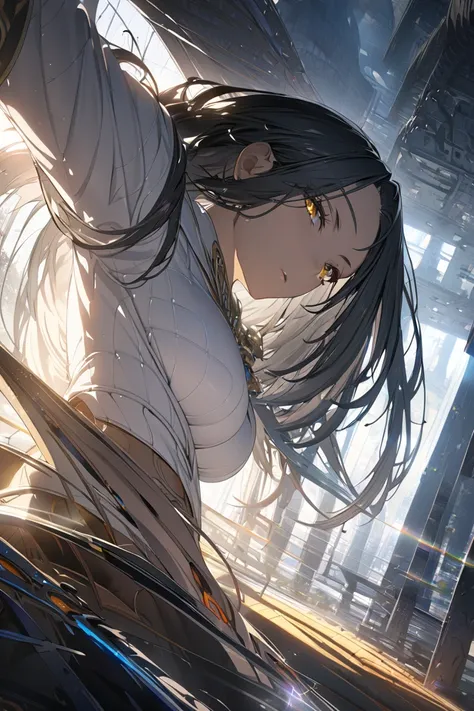 ((solo)), (woman), yellow eyes, silver hair, short-medium hair, straight hair, (sculpted body), medium-big breasts, thick, mature body, (27 year old), a close up of a person over a canyon under the sundown, detailed key anime art, casimir art, masamune shi...