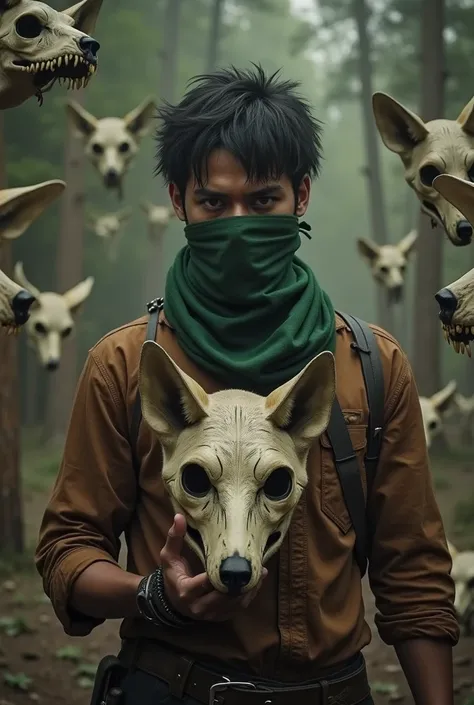  Mexican young guy 27 years old, a short-haired mulatto guy with a green bandana on his face with a skull,and a coyote mask in front of 
coyote skulls made of rdr2 