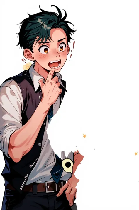 The image features a young male character with spiky hair, wearing a dark vest over a light-colored shirt and pants. He has an excited or surprised expression on his face, with his mouth open as if hes about to say something or reacting to something off-fr...