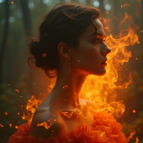 Fire Mistress, Extremely detailed cinematic fine-art painting in the Sfumato style, dramatic angle, Double Exposure Style, with soft, subtle transitions and blurred edges, delicate shading, smooth gradations to capture the volumetric lighting and cinematic...