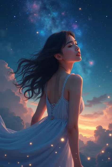 High Detail, Super Detail, Ultra-high resolution, Indonesian Girl enjoying her body  in her fantasy, Surrounded by nature   Background is dark blue sky，There are colorful galaxies and galaxy clouds, Stars flew around her, Delicate face, Add joy to the atmo...