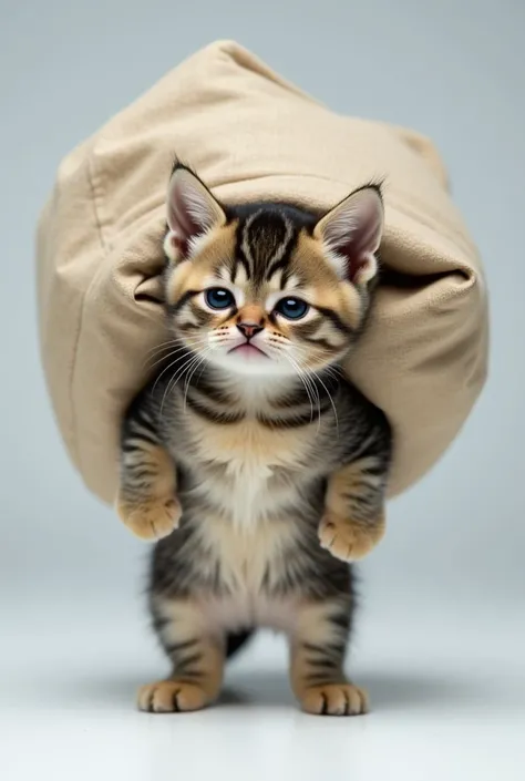 A small, sad-looking kitten standing upright like a person, with big, teary eyes. The kittens expression is full of sadness, and its eyes are glistening with tears. It is carrying a heavy sack of cement on its back, which is large and appears to weigh it d...