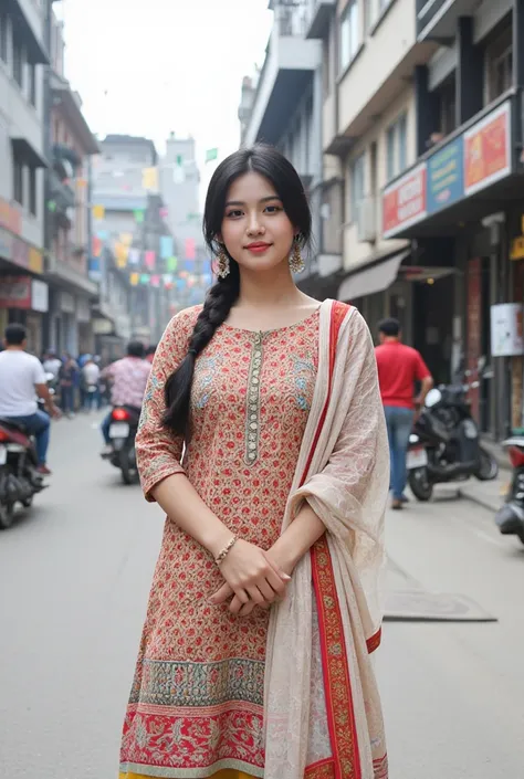 
"Create an image of a cute, average girl from Nepal wearing a traditional kurta and salwar. She has a warm, natural complexion and long black hair, styled simply in a ponytail or braid. Her kurta is a colorful fabric with intricate floral or geometric pat...