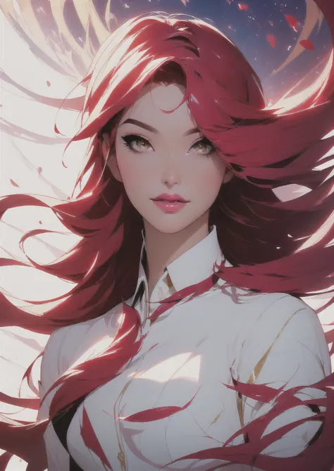 by artgerm, futuristic, a close up of a woman with red hair and a white shirt, lois van baarle and rossdraws, kda, :: rossdraws, cushart krenz key art feminine, rossdraws 1. 0, rossdraws cartoon vibrant, portrait of rung, rossdraws and jazza, rossdraws 2. ...