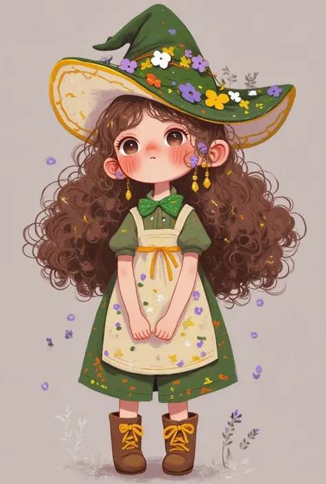  Cozy style and detailed pixel art ,  x} with rounded lines and cartoonish proportions ,  creating a cute look .  The witch will be a fair-skinned young woman ,  with freckles and pink cheeks ,  expressing sympathy .  His hair is brown,  long and wavy with...