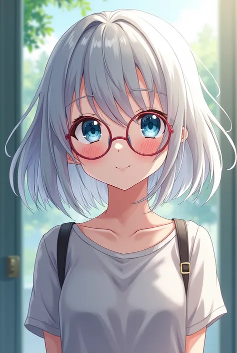  Japanese Anime , female,  soft smile,  middle school student, White hair,  short haired ,  blue eyes, masterpiece,  top grade, High definition, seamlessly,  Casual Fashion ,  round glasses