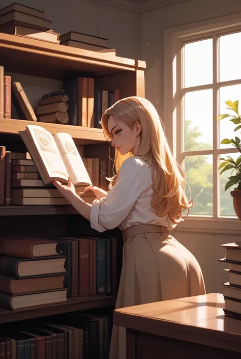 girl 20 years old,librarian,against the background of a shelf with books, warm sunlight  