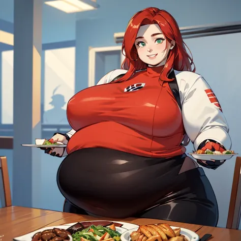 jean grey(obese figure:1.5), long red hair,makeup, green eyes,jewelry,bracelet,black headband,multi colored bodysuit, turtleneck,fingerless gloves,long sleeves, looking at viewer, smiling, happy, teeth,(clothes that fit your big, fat body size), (Perfect a...