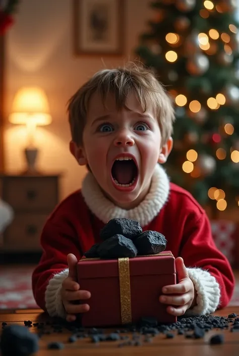 Boy screaming because Santa Claus brought him carbon