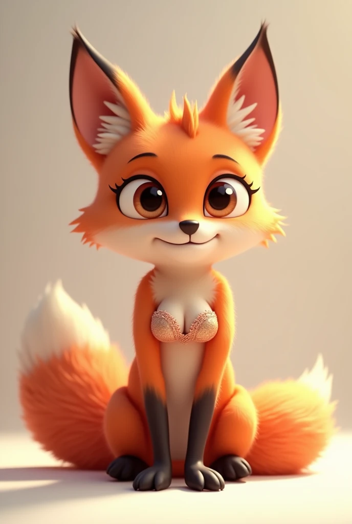 A cartoon fox in a bra and panties sits on the ground