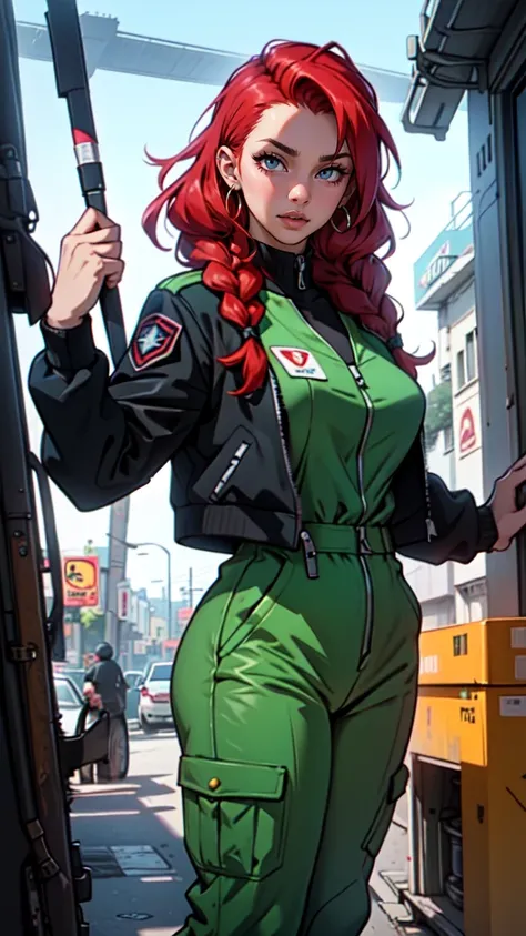 sci-fi, cyberpunk, masterpiece, 1girl
she uses streetwear, jacket, red hair, green eyes, braids, curly hair
futuristic girl using a skin jumpsuit, athletic physique, she drives an aircraft, she is a pilot, military.