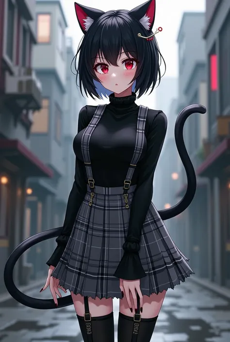 Goth girl, black turtle shirt, black thigh highs with suspenders, black leather boots, gray plaid skirt, black fingernails, black short hair, cute face, black eyelashes, red cheeks, pale skin, red eyes, anime, cat ears and cat tail, old industrial modern g...