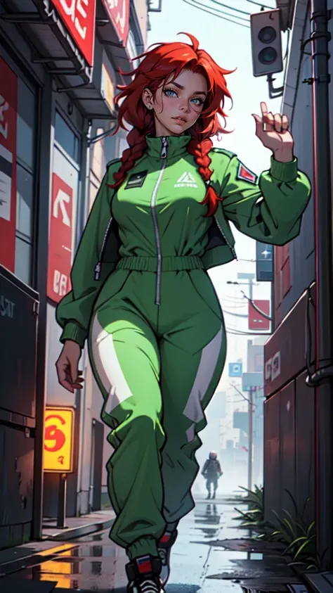 sci-fi, cyberpunk, masterpiece, 1girl
she uses streetwear, jacket, red hair, green eyes, braids, curly hair
futuristic girl using a skin jumpsuit, athletic physique, she drives an aircraft, she is a pilot, military.