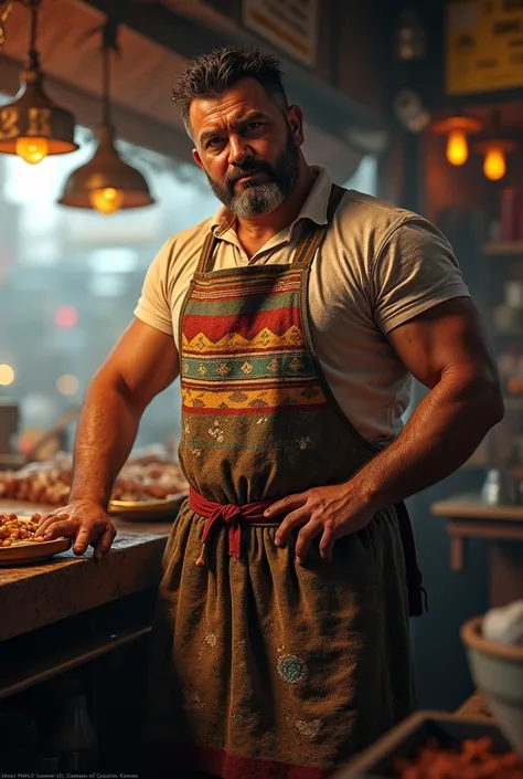 Realistic image of a sturdy man wearing a taquero apron  