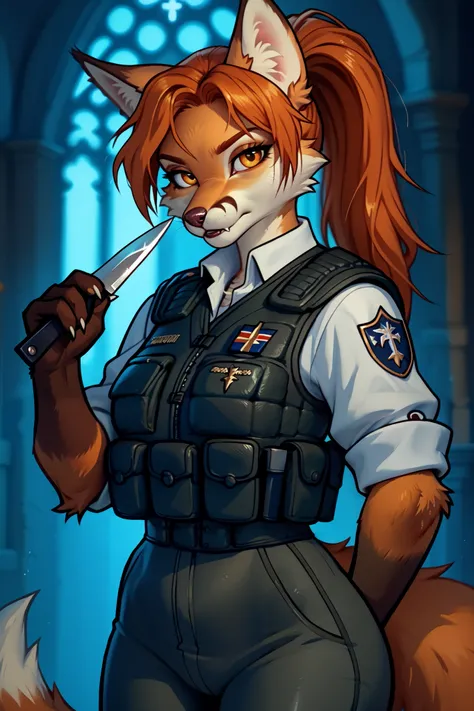 (zPDXL2), (PonyXLV6_Scores), rating_safety, Expressiveh, portrait shot, BREAK
lhata4564, d3t41l3d, 
solo, (furry, anthro), female, Lilyan,  European girl, (ginger tail fox girl, furry snout), (standing, holding knife:1.35), tight ponytail, (tactical unifor...