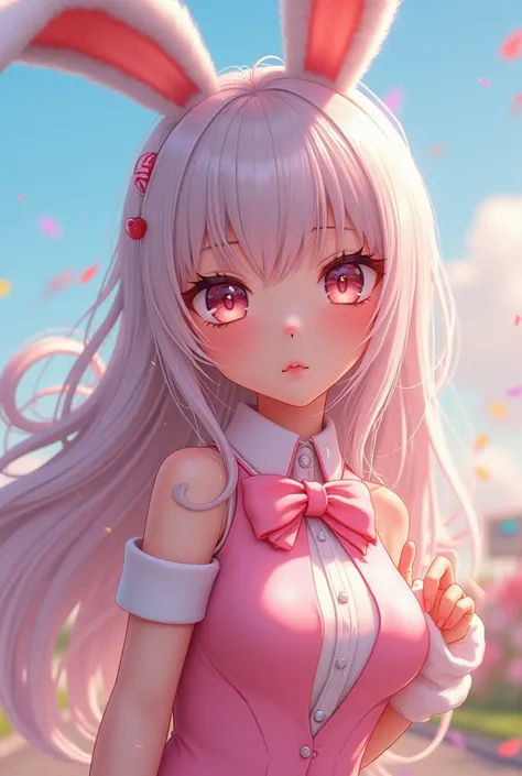 masterpiece,ultra-detailed,best quality,amazing quality,8K,illustration,vivid,CG,photografic hair,,cute face,shiny hair,shiny skin,ultra-detailed-eyes,solo,girl, fun park background,
 transparent bunny girl, wrist cuffs, detached collar, bowtie, see-throug...