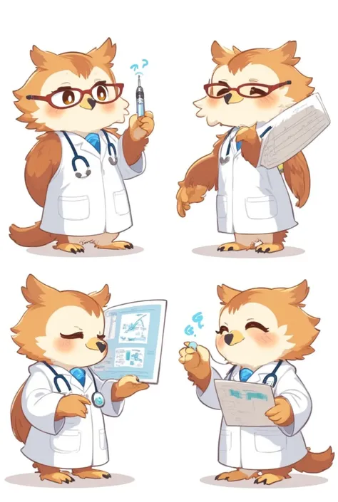 A cute character sheet featuring an anthropomorphic owl anesthesiologist named Som, showcasing four distinct views: front view, side profile, back view, and a dynamic three-quarter perspective. The owl exudes wisdom and professionalism, with soft feathers,...