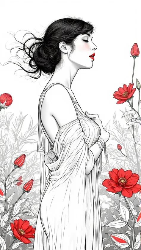 Create a mesmerizing illustration of an enchanting woman, inspired by the elegance of the 1920s, rendered in a captivating pen sketch style. The artwork should be in black and white, showcasing fluid brushwork and intricate pen outlines that accentuate her...