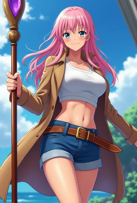  Anime-style animation one piece toei animation,  Attractive girl with a beautiful, mature and older body ,linda , with long pastel-pink hair and very beautiful , 29 year old fair skin , dressed in short shorts,  a white top and a long brown coat with the ...