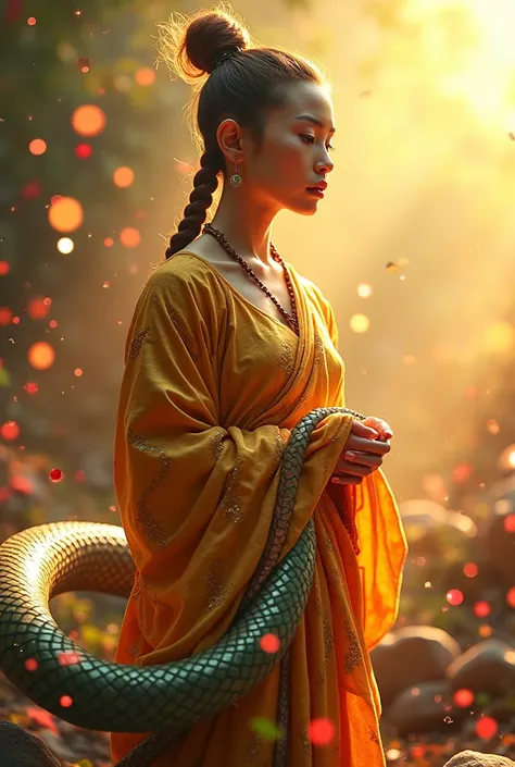  Female monk with snake body , super saturation color ,  3D Resolution 8Dojos pretty round reflective eyes,  reflective sequin in red green, yellow with the dazzling sun 