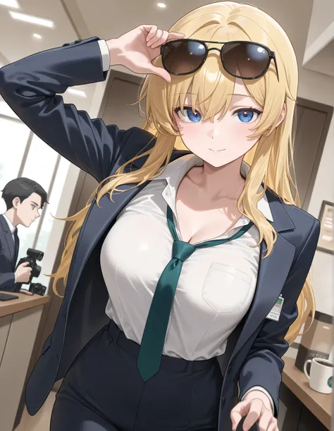 (masterpiece, best quality) scene: in a coffee shop Make a girl in a closed suit and tie wearing sunglasses, The camera angle is close to the front and closes only from the height of the breasts to the head, The boy has to be blonde , medium breasts, make ...