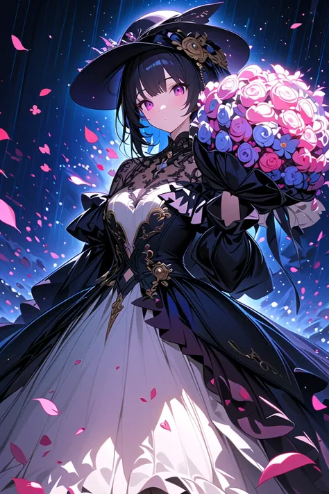 1girl,,face not visible,black Gothic dress,black hat,white bouquet,(holding white bouquet),standing,front,(black petals flying in profusion),Rain of petals,many petals,innumerable petals,petals floating in the air,Art Deco,Color Field painting,rococo style...