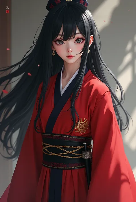  A girl who looks  ,  long black hair, slightly wavy,  black or dark gray eyes, red hanfu ,  sword hangs on her belt , anime 