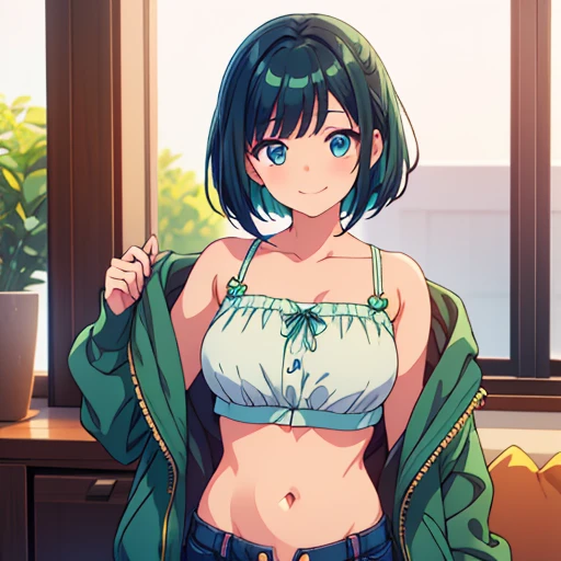 (( top quality )), ((masterpiece)), (  Details), smile, One girl ,perfect hand, perfect eyes,Glowing Skin, black hair,Inner hair ,Inner color green, bob hair,Side cut, belly button out, SHORTS, jacket, bust up,