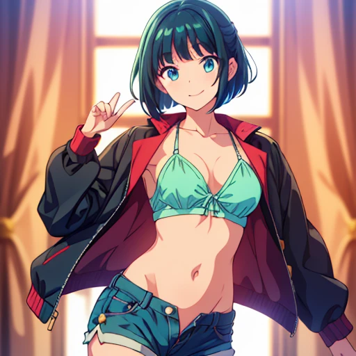 (( top quality )), ((masterpiece)), (  Details), smile, One girl ,perfect hand, perfect eyes,Glowing Skin, black hair,Inner hair ,Inner color green, bob hair,Side cut, belly button out, SHORTS, jacket, bust up,