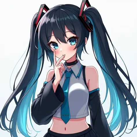 A goth girl with black-cyan hair wearing a blue-black crop with a black skirt. Has long socks. Wears a black collar. Sexy. In genshin Impact style. Black eyes