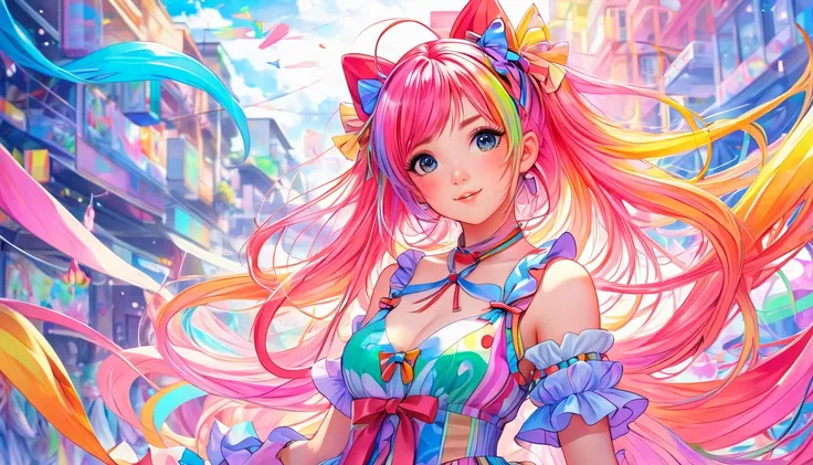  anime girl wearing multicolored hair and multicolored dresses,  Rosedrows Pastel Vivid , Rossdraws comics、Vivid, Anime Style 4k,  beautiful anime portrait, ArtJam Colorful!!!, ! Dream Art Germ,  beautiful anime girl,  anime style digital art,  anime art w...