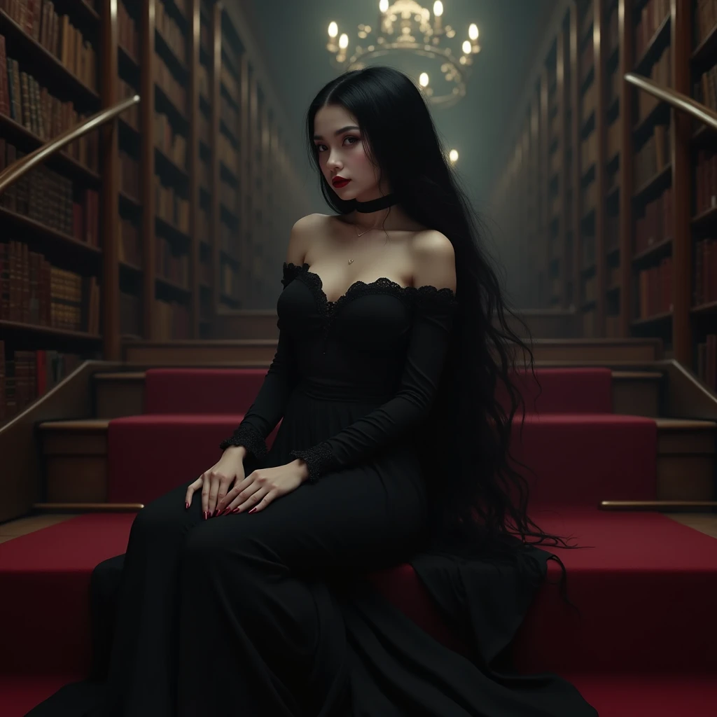 Very pretty vampire , ,  gray eyes ,  fat red lips .( absurd resolution)),  masterpiece,  better quality, ( 8k unit CG wallpaper .  long black hair , black queen, manzana en la mano, poisoned apples, witch queen,  red lipstick.
 Shes in an old library ,  s...