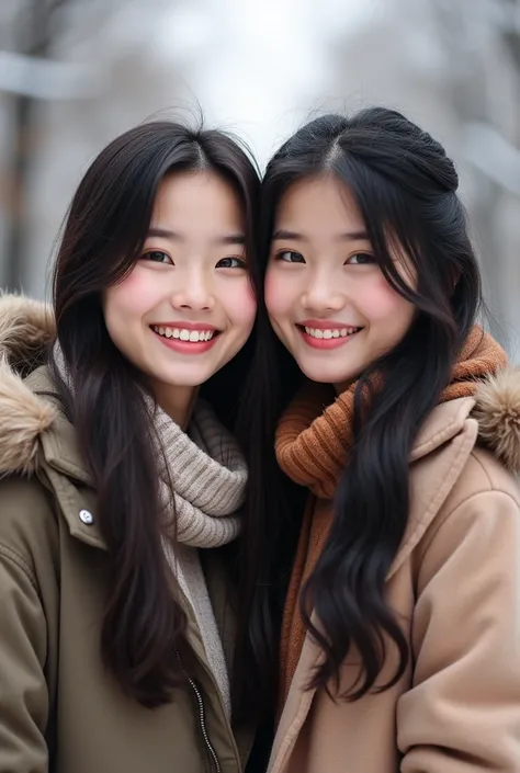 2 beautiful Asian girls pictured with sisters 　 standing　smile　Wear winter clothes 　 no hat　 2 beautiful Asian women 。 both have long hair and dark hair