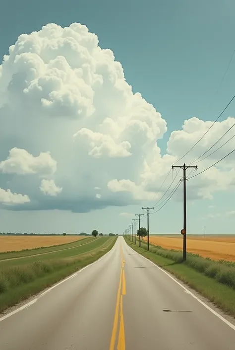 A lonely rural street in Iowa, US, with white and grey clouds passing, contrasting and complementary colors muted palette, in style of Richter, De Chirico and shapes like Marcus Hippie, creative elegant orthogonal view