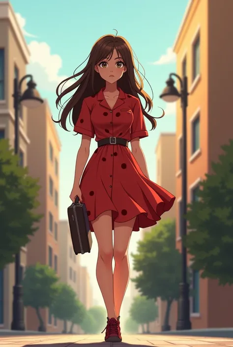 Beautiful and bulky 2D teen anime body girl with red dress dotted brown and long hair ,  walking down the lonely street in the day with a suitcase in her right hand and a book in her left hand with a sad face 