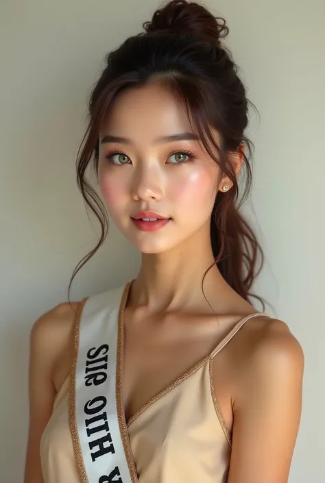 Generate me a model with tied brown hair with dark green eyes and tanned skin who wears a sleeveless beige dress and who wears a miss band that says Miss South Korea