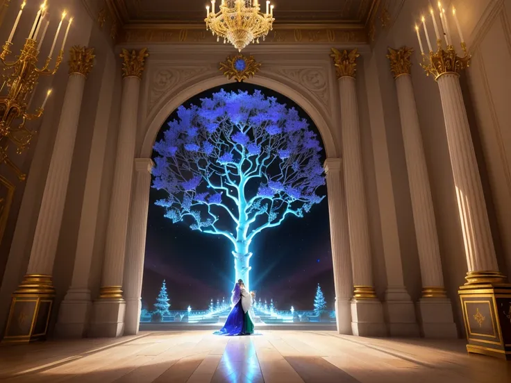 Imaginons dans la cour du château de Versailles vu de lextérieur 
le soir illuminé par de magnifiques decore de Noël dont des fleurs de lys dargent et des lumière et guirlandes lumineuses Bleu et rouge avec un magnifique arbre de Noël décoré z lextérieur 
...