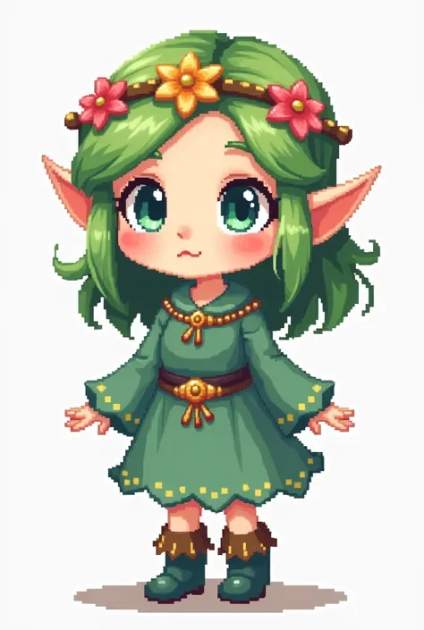 8-bit elf character ,  Cozy style and detailed pixel art ,  x} with rounded lines and cartoonish proportions ,  creating a cute look .  The elf will be a young woman with fair skin and rosy cheeks ,  expressing sympathy . Your hair is green, his eyes are a...