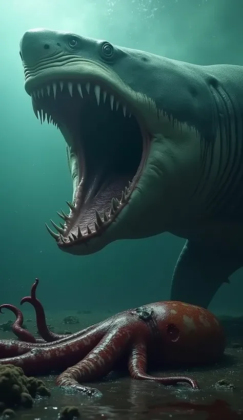 Giant and ferocious Megalodon seeing a squid with blood dead in the sea, ultra realistic and professional images  