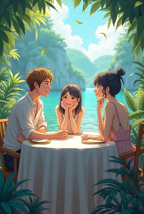 In paradise, three friends sit and lie down at a table 