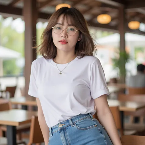   A beautiful candid photo, smooth , The chic Asian girl in 2024 fashion poses in a chic pose in a warm atmosphere in a Thai cafe.  wearing light gold round glasses , , her bob hair fluttering in the breeze .  white round neck t-shirt, short sleeves ,  Sho...