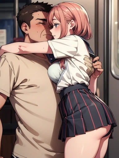 ((Men and women having sex on a crowded train)), (Doggish sex), a man who puts a penis in a girls vagina from behind, ((sex)), (standing sex from back), (A fat middle-aged man in a jersey hugging a girl with a sweaty shirt from behind), a sweaty girl, a ma...