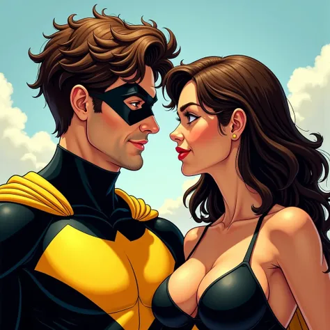  man with brown hair [looks at the beauty ] - "pleased" - (wearing a black superhero mask - the yellow and black superhero costume ) with fair skin ([looks at the beauty ] s chest - which is right in front of his face] )- [realistic comic style ] { Style R...