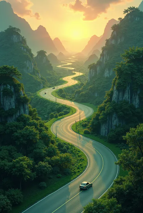 Highly developed roads that looks like ribbons of carpet driver you to paradise with the side of the road so green and sun at the horizon has streetlights that are now lite.