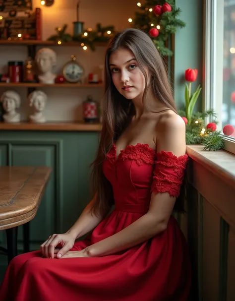 ultra-realistic, Love scene, Dutch teenager aged fifteen, Long straight brown hair, very pale skin, Dressed in a red lace dress, next to cherry tulips and twinkling, action in which I am sitting in a stylish, vintage elegant cafe in an elegant and charming...