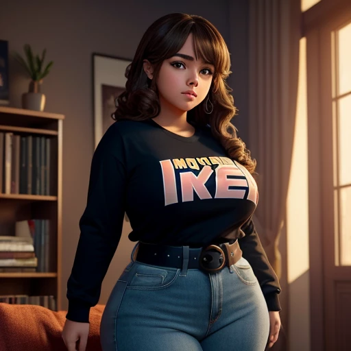  movie style, a petite cute shy innocent slightly chubby body with monstously huge fat size breasts Mexican nerdy teen, volumetric hair, beautiful detailed brown eyes, cutely detailed lips, super cute highly detailed eyes and face, round shape face, mega v...