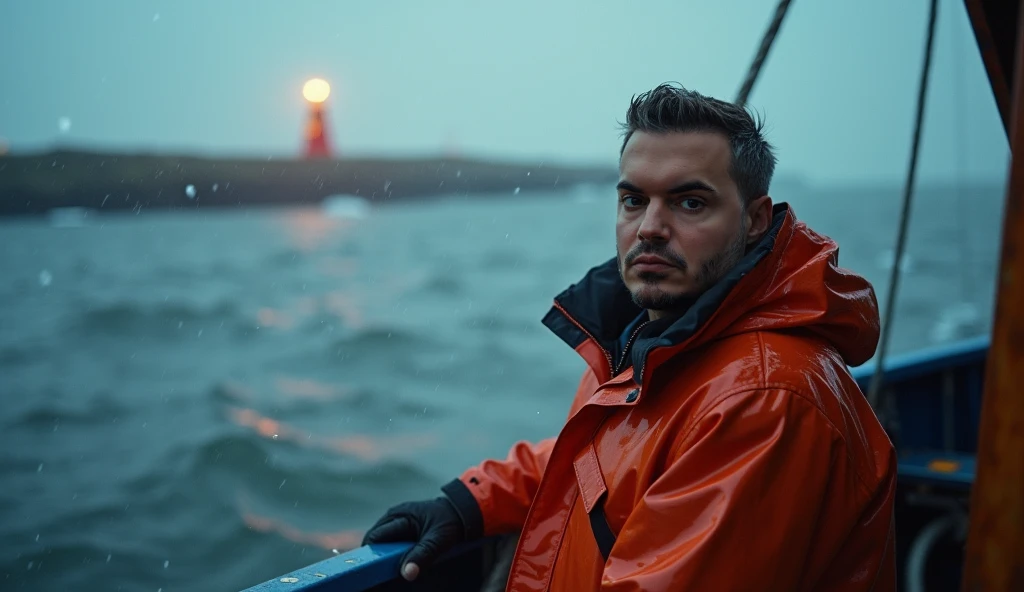  the model is in the back of a fishing boat looking in front of the camera. He is wearing a marine raincoat and is squirting ,  its raining a lot and in the background you can see land with a beacon shining