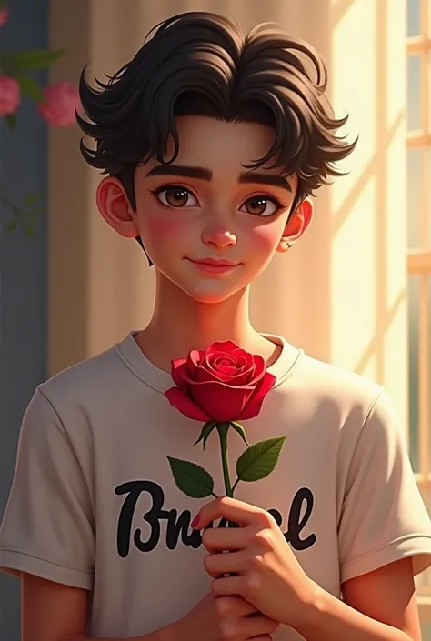 A 20-year-old handsome boy holding a rose flower. prince bilal written on the boys t-shirt