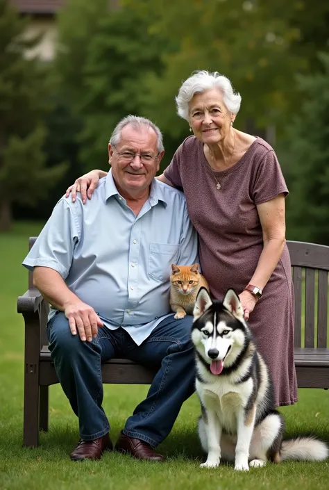  Man sitting on a bench in the garden. An old lady standing beside him and her hand is on the man’s shoulder. A cat is cat on mans lab. Both man and old lady facing the camera. There is a husky. Man’s one hand on husky