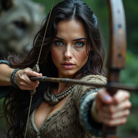 close up cinematic photography of a beautiful brunette woman, blue eyes, long hair, sexy and sculpted body, beautiful breasts, with animal skin as old and torn clothes, pointing a bow and arrow towards a wild animal